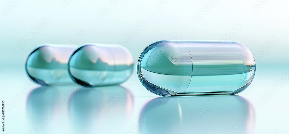 Three transparent capsules with a blue liquid inside, arranged on a reflective surface.