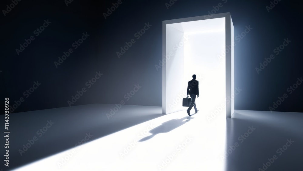 Rear view of businessman entering opened door in black wall Rear view of businessman entering opened door in black wall