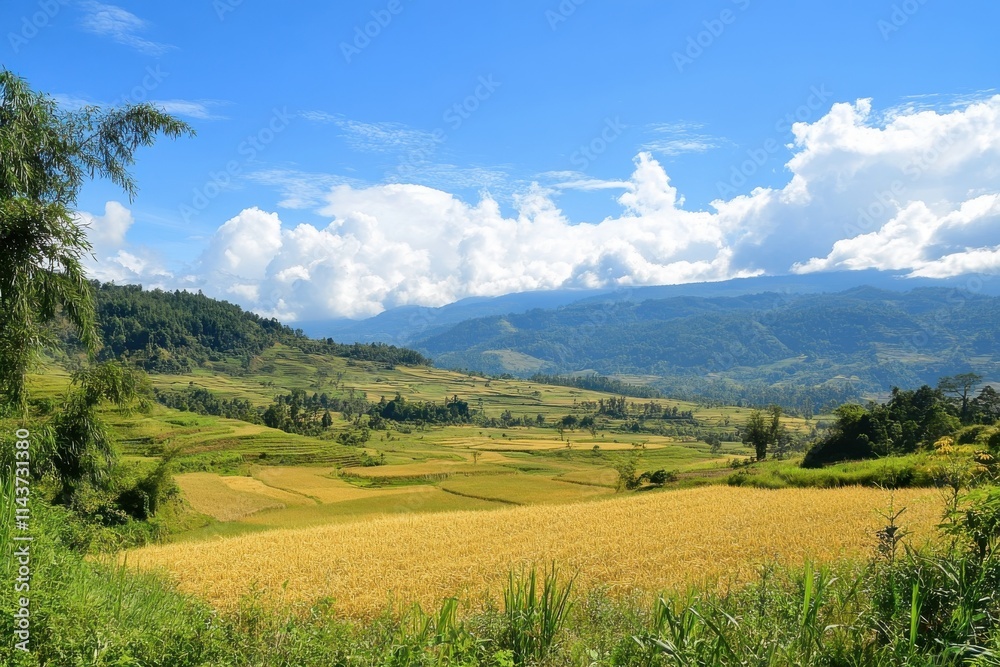 Gentle rolling fields of golden grain blend with fresh green hills creating a harmonious patchwork of colors Gentle rolling fields of golden grain blend with fresh green hills creating a harmonious patchwork of colors