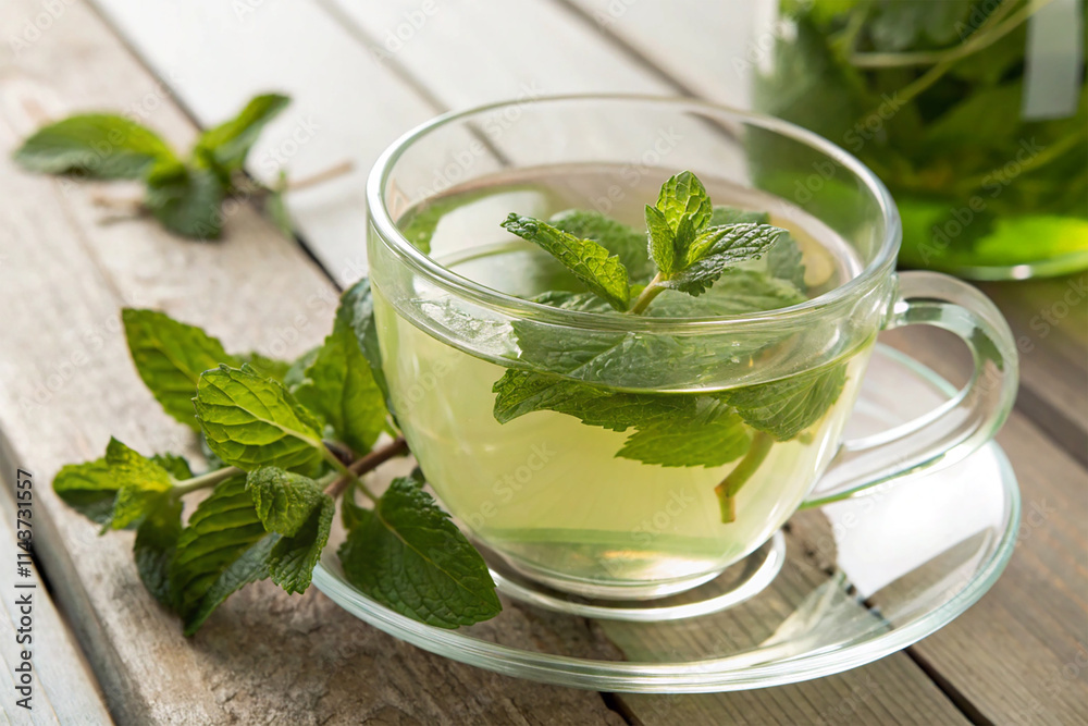 Fresh mint tea in a clear glass cup Fresh mint tea in a clear glass cup
