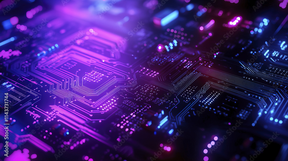 Fototapeta premium Vibrant blue and purple technology circuit board background with glowing lights