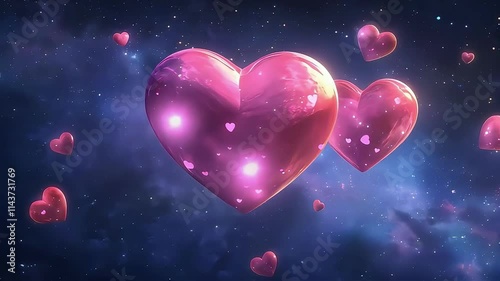 Floating pink hearts in a cosmic, starry space background.