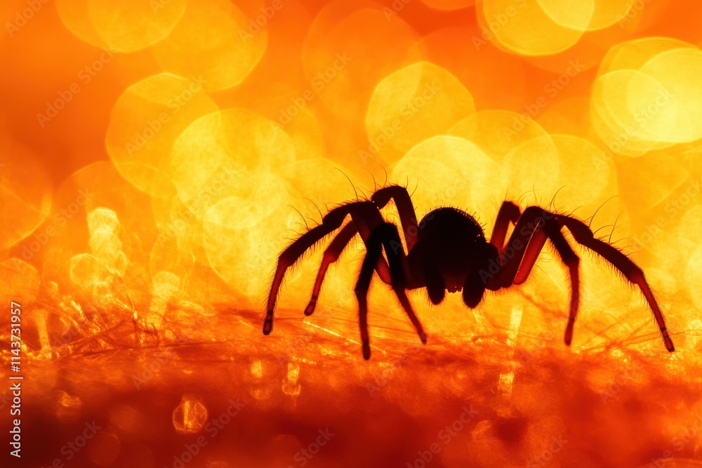 Halloween black spider silhouette vibrant orange background minimalist composition Halloween black spider silhouette vibrant orange background minimalist composition