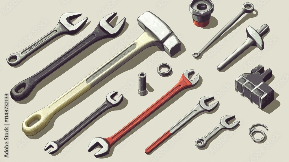 Collection of assorted tools including wrenches, a hammer, and various fasteners arranged neatly on a surface Collection of assorted tools including wrenches, a hammer, and various fasteners arranged neatly on a surface