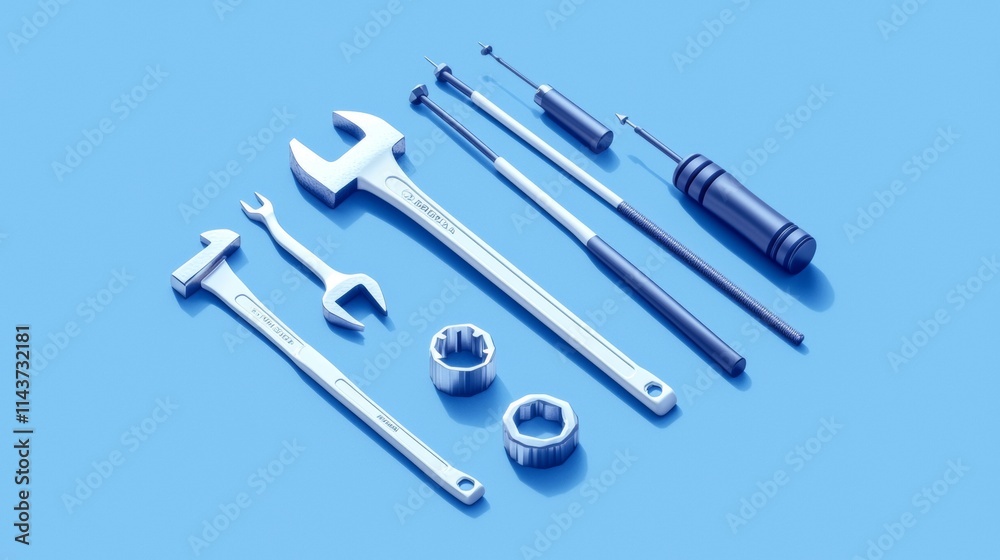 Tools arranged on a blue background demonstrate precision and functionality in mechanical work Tools arranged on a blue background demonstrate precision and functionality in mechanical work