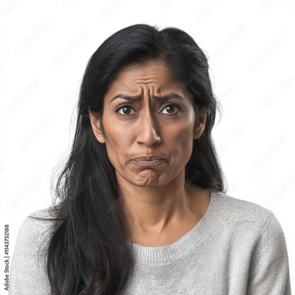 50 year old South Asian female looking grumpy. Bah humbug. Isolated white background. 50 year old South Asian female looking grumpy. Bah humbug. Isolated white background.