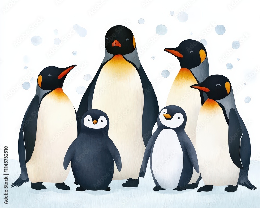 Fototapeta premium A group of penguins huddled together in a snowy Antarctic setting.