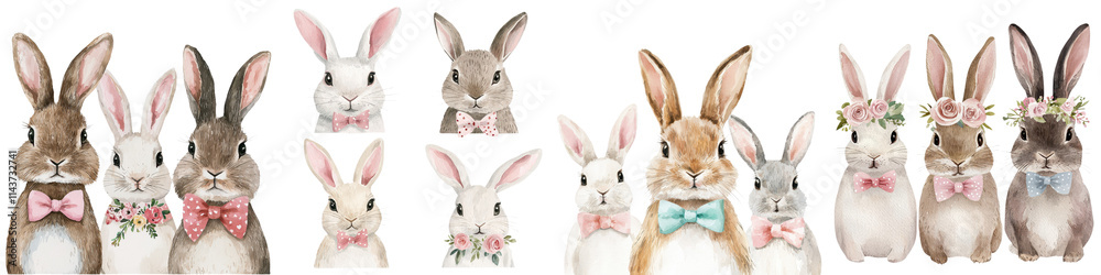 Obraz premium Cute Bunnies with Floral Bouquets and Wreath