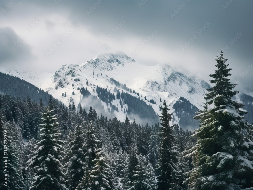 Pine trees on snow covered mountain Magical winter forest. Natural landscape with beautiful sky