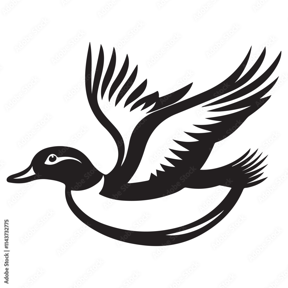 Fototapeta premium Flying duck silhouette isolated on white background, Minimal flying duck vector silhouette