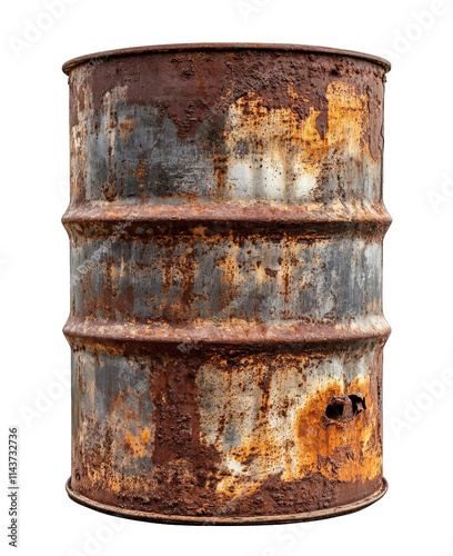 a rusty metal barrel with three bands and a few holes is isolated on a transparent background photo