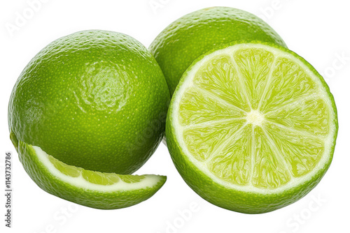 two whole limes and a lime cut in half. with a lime wedge on a transparent background © PERFECTisME