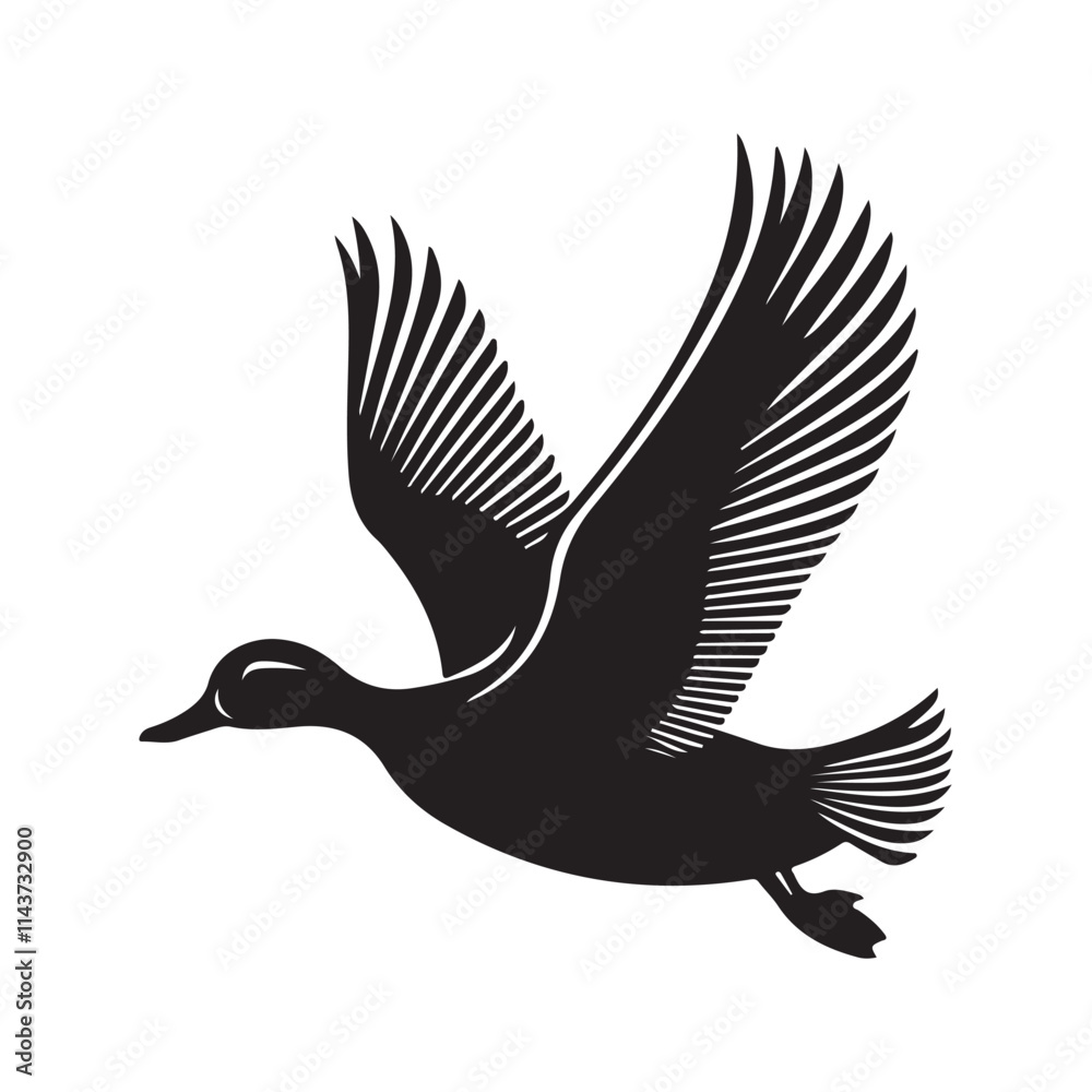 Obraz premium Flying duck silhouette isolated on white background, Minimal flying duck vector silhouette