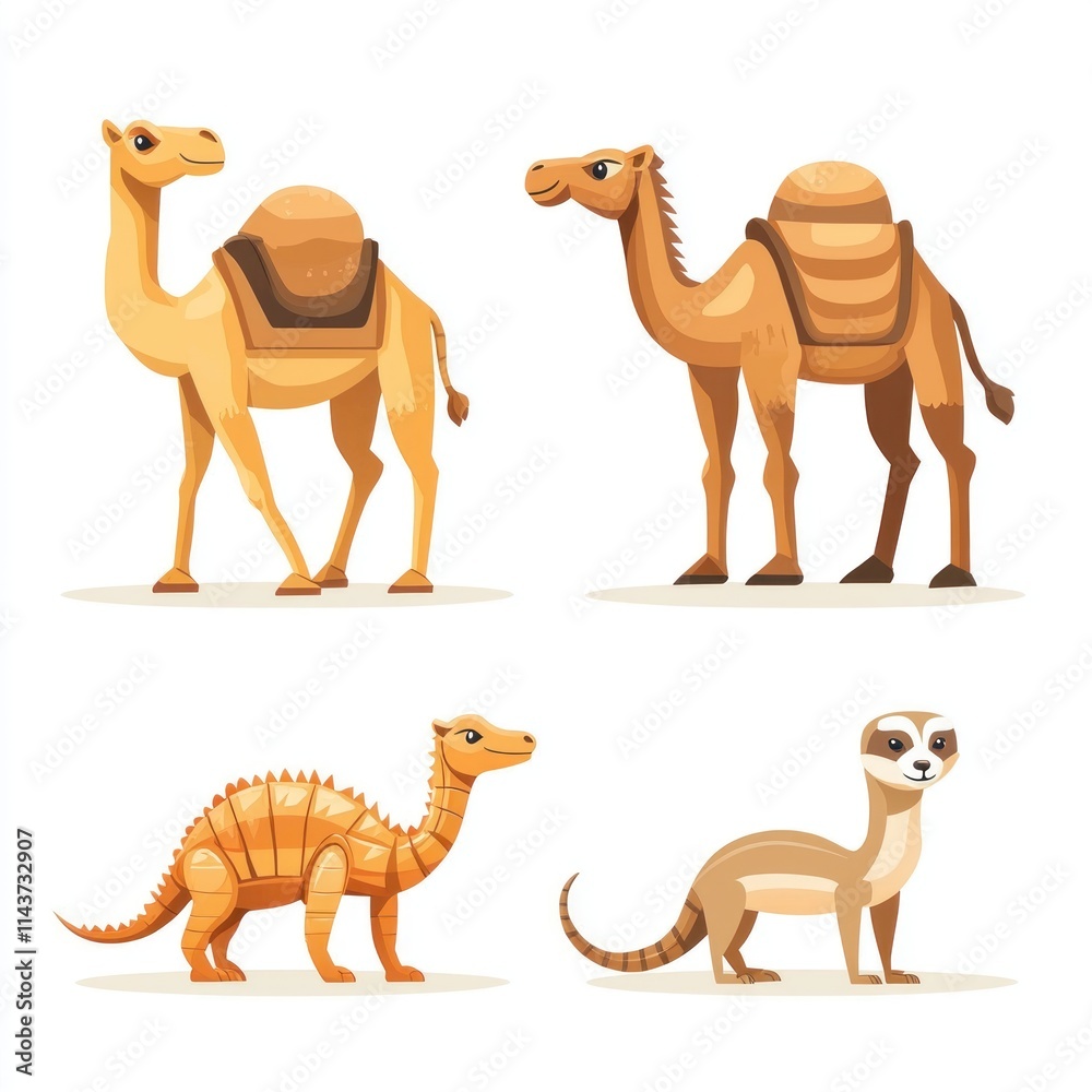 Naklejka premium Four Colorful Cartoon Animals Featuring Camels and a Meerkat Displaying Unique Characteristics and Distinctive Designs Ideal for Children's Illustrations and Educational Materials
