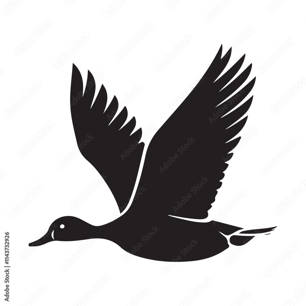 Obraz premium Flying duck silhouette isolated on white background, Minimal flying duck vector silhouette
