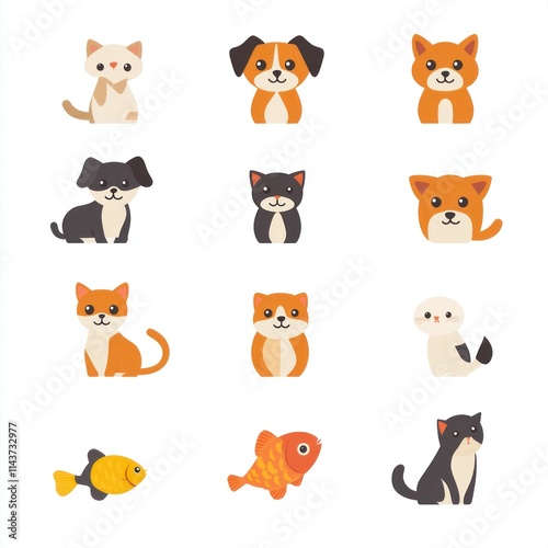 Colorful Collection of Cute Cartoon Pets Including Cats, Dogs, Fish, and More on a Clean White Background Perfect for Children's Products and Pet Care Themes
