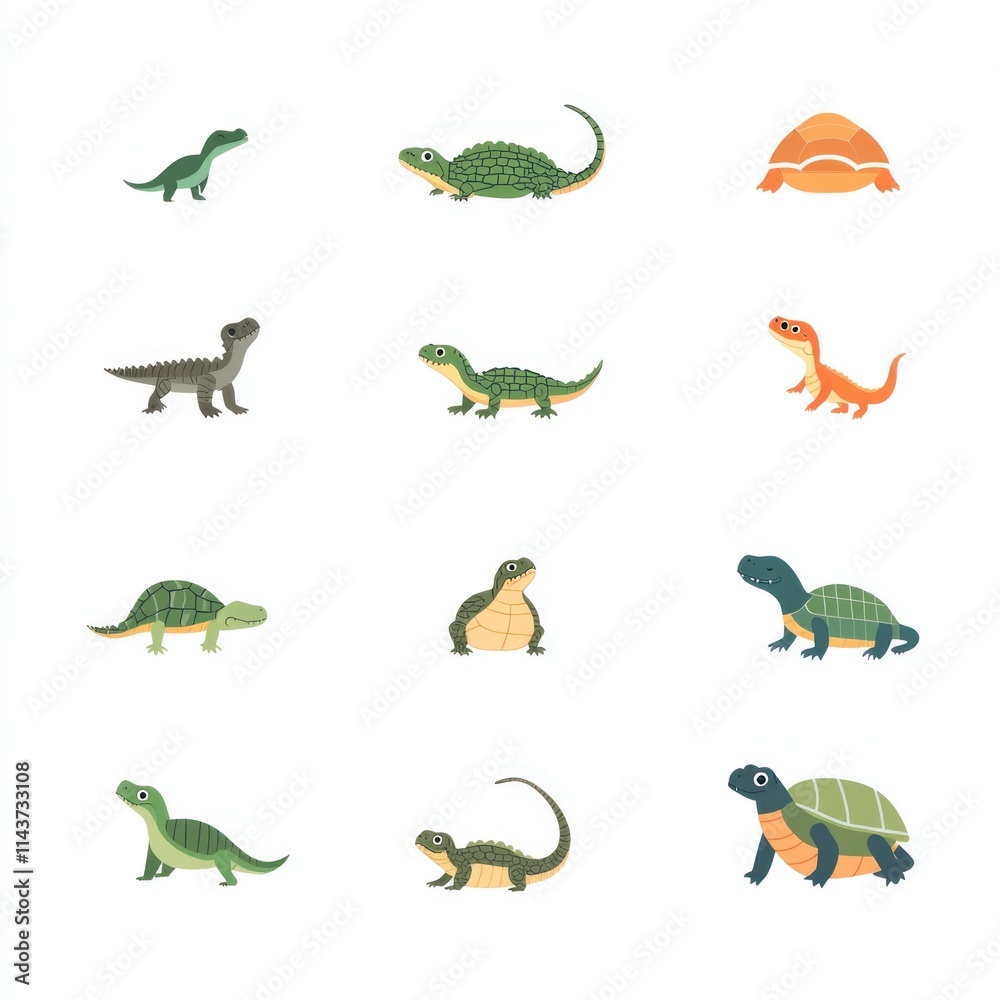 Fototapeta premium Colorful Cartoon Reptiles and Dinosaurs in a Grid Format Featuring Cute Turtles, Lizards, and Small Dinosaur Characters for Educational and Creative Use