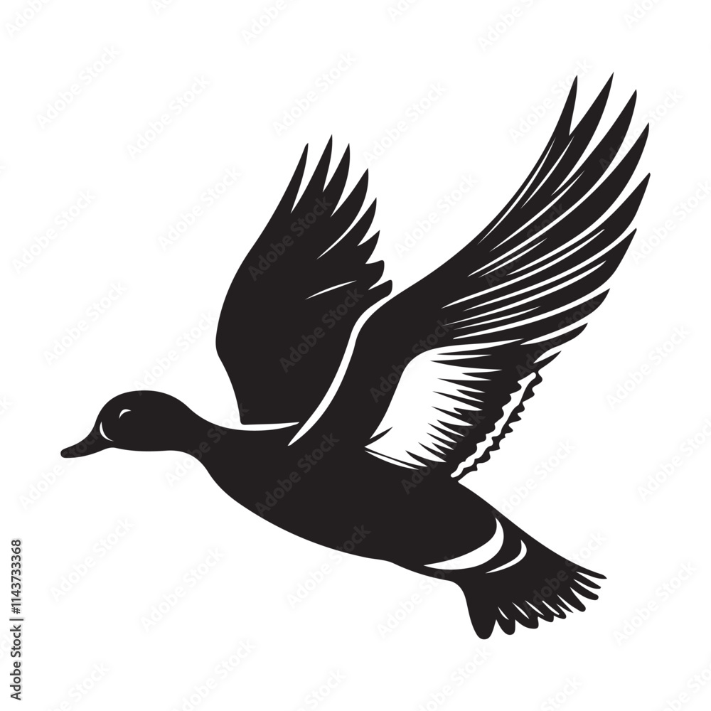 Fototapeta premium Flying duck silhouette isolated on white background, Minimal flying duck vector silhouette