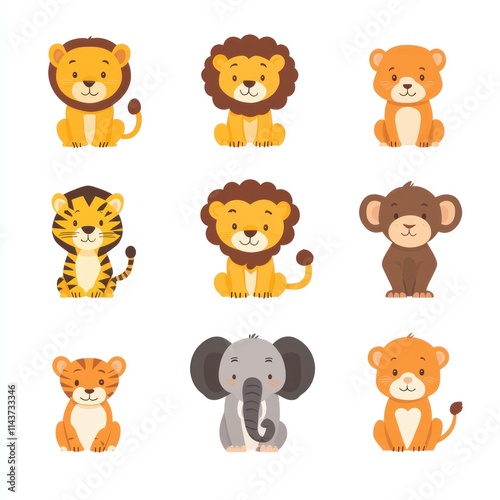 Cute and Colorful Animal Characters for Kids Featuring Lions, Tigers, Elephants, and More in a Fun and Playful Style Perfect for Children's Media and Learning Materials