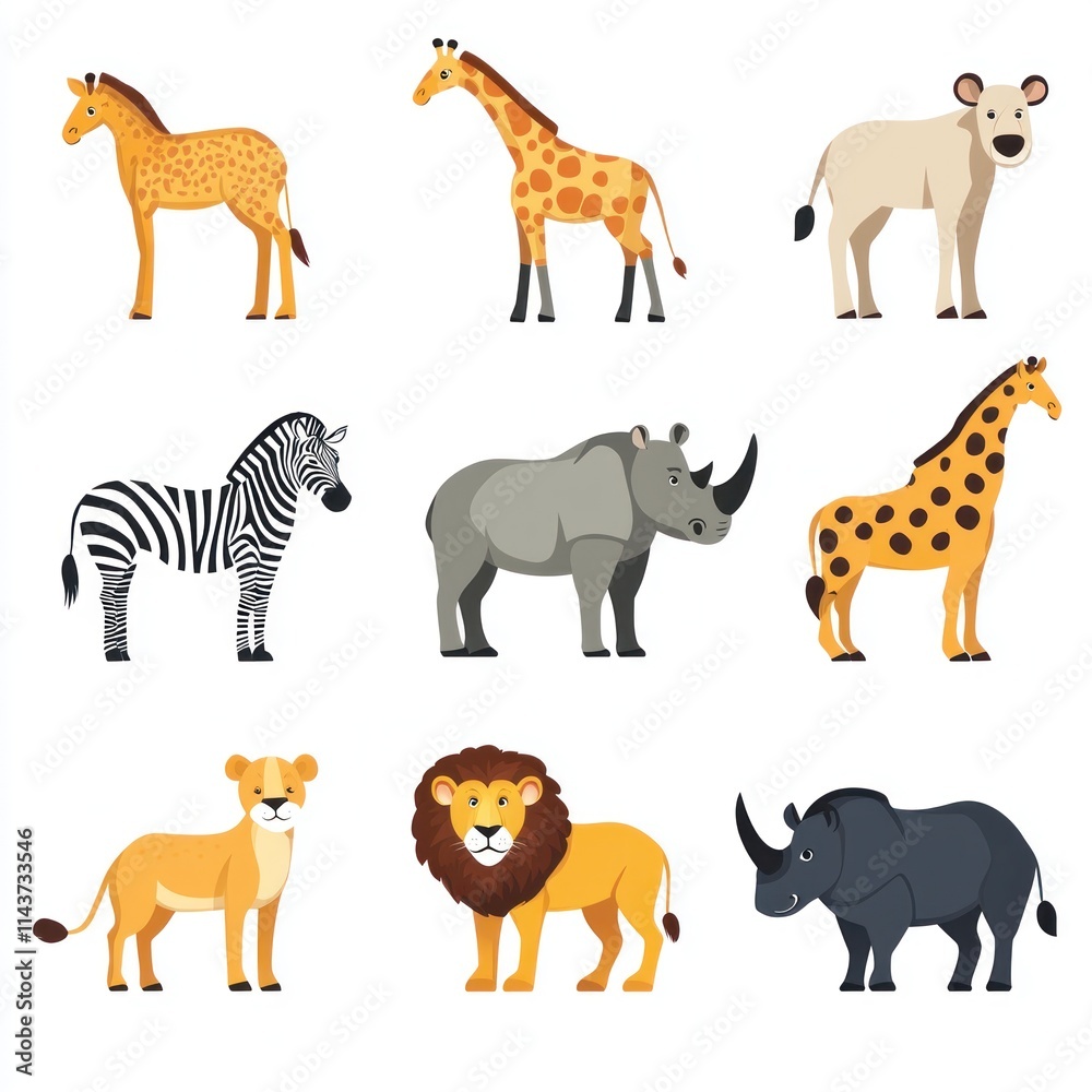 Colorful Cartoon Illustrations of African Wildlife Featuring Giraffes, Zebras, Lions, Rhinos, and Other Iconic Animals in a Fun and Playful Style Colorful Cartoon Illustrations of African Wildlife Featuring Giraffes, Zebras, Lions, Rhinos, and Other Iconic Animals in a Fun and Playful Style