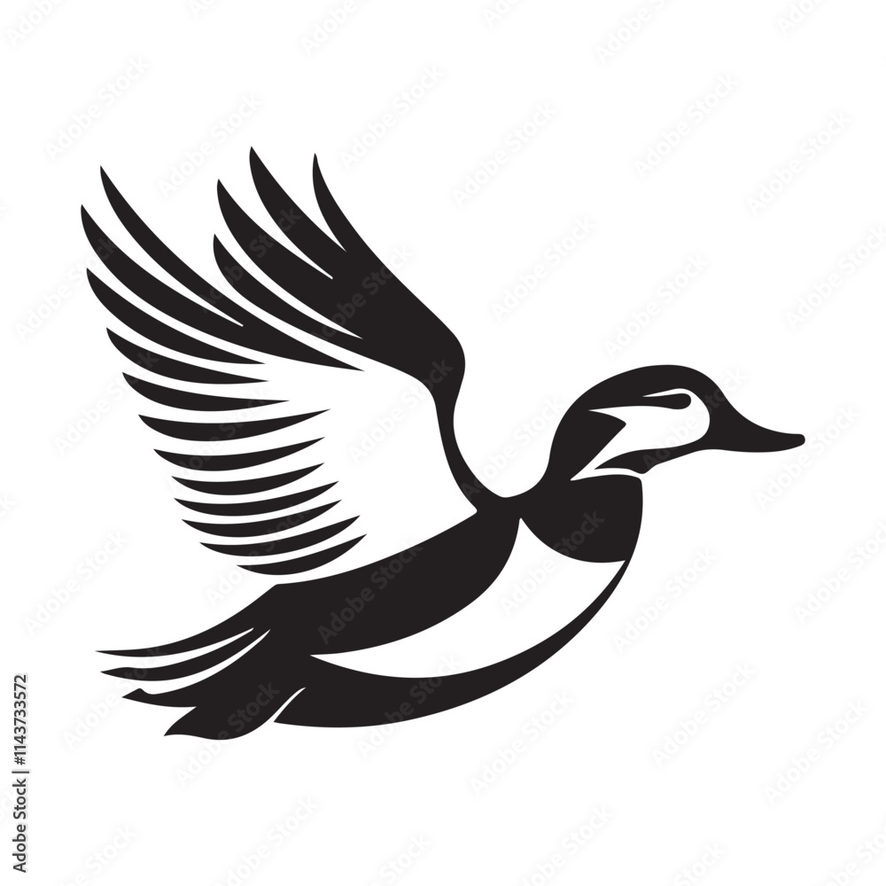 Fototapeta premium Flying duck silhouette isolated on white background, Minimal flying duck vector silhouette