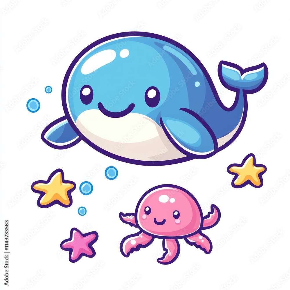 Cute Cartoon Whale and Jellyfish Surrounded by Colorful Stars and Bubbles in a Playful Underwater Scene Ideal for Children’s Illustrations and Educational Materials Cute Cartoon Whale and Jellyfish Surrounded by Colorful Stars and Bubbles in a Playful Underwater Scene Ideal for Children’s Illustrations and Educational Materials