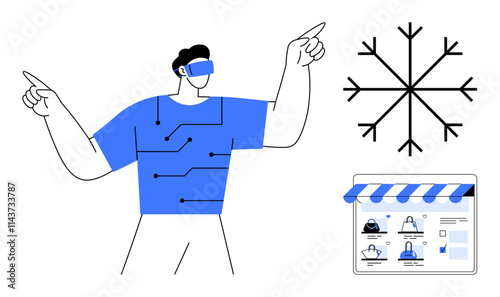 Person wearing VR headset interacting with snowflake and digital storefront. Ideal for technology, virtual reality, online shopping, e-commerce, winter sales, futuristic retail, user experience. Line