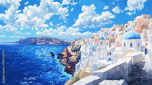 A painting of a blue and white village with a blue church and a blue ocean in the background