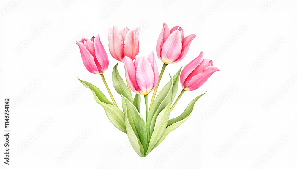 Pink tulips with green leaves on white background. Pink tulips with green leaves on white background.