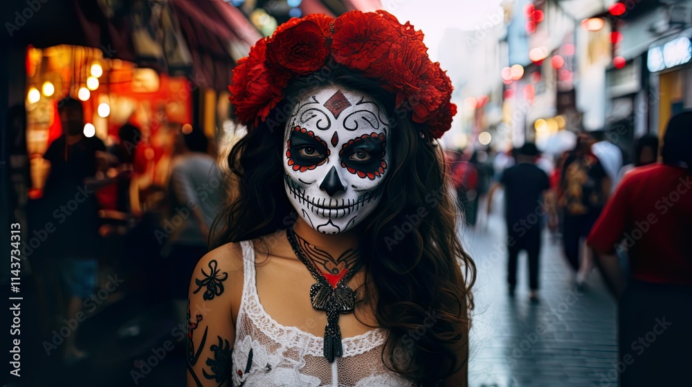 Dia de los muertos. Day of The Dead. Halloween. mexican girl with skull painted on her face on the day of the dead in mexico in the street Dia de los muertos. Day of The Dead. Halloween. mexican girl with skull painted on her face on the day of the dead in mexico in the street