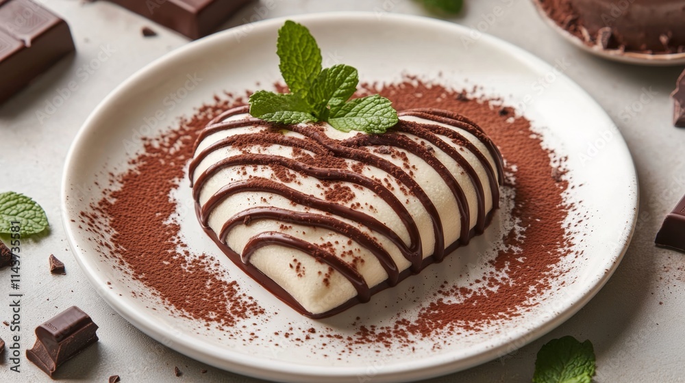 Delicious Heart-Shaped Dessert with Chocolate and Mint Garnish Delicious Heart-Shaped Dessert with Chocolate and Mint Garnish