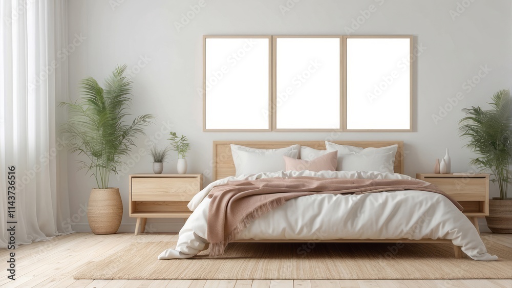 Obraz premium Minimalist Bedroom Design With Wooden Bed And Neutral Decor