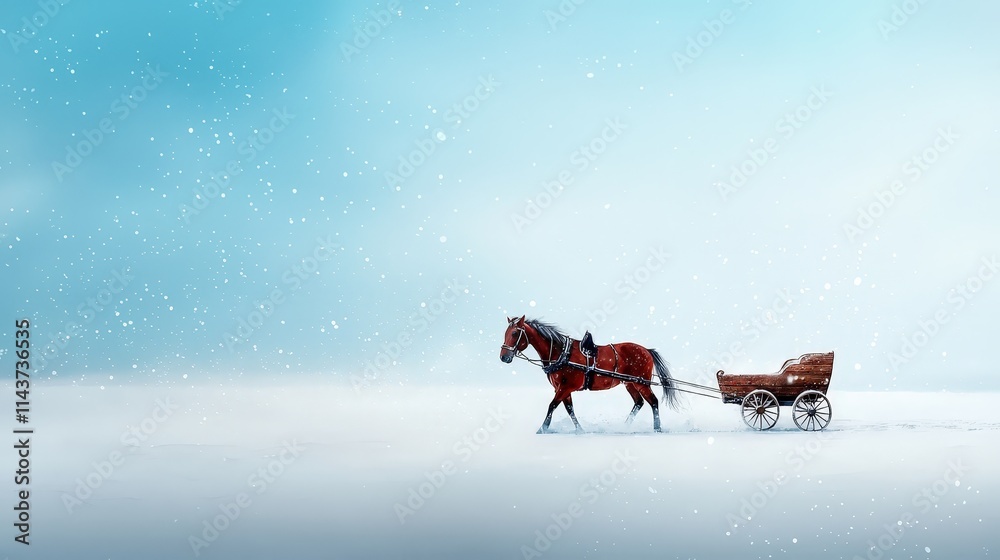 A horse-drawn sleigh making its way through a snowy field. A horse-drawn sleigh making its way through a snowy field.