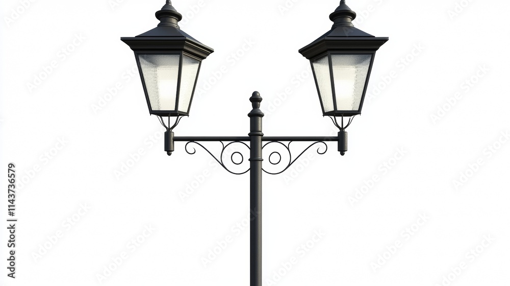 Street lamps in black metal design illuminate a minimalist urban setting at night Street lamps in black metal design illuminate a minimalist urban setting at night