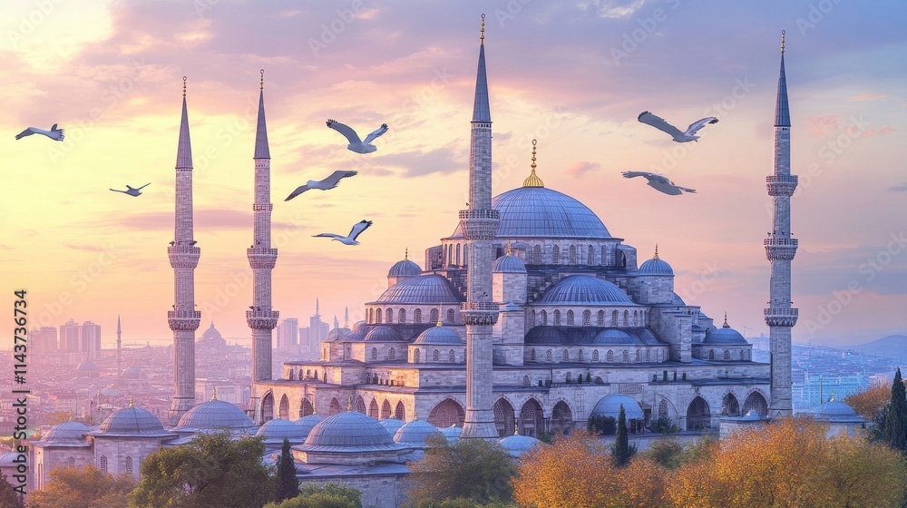 Naklejka premium A large blue building with a dome and a spire. The building is surrounded by trees and birds flying around it