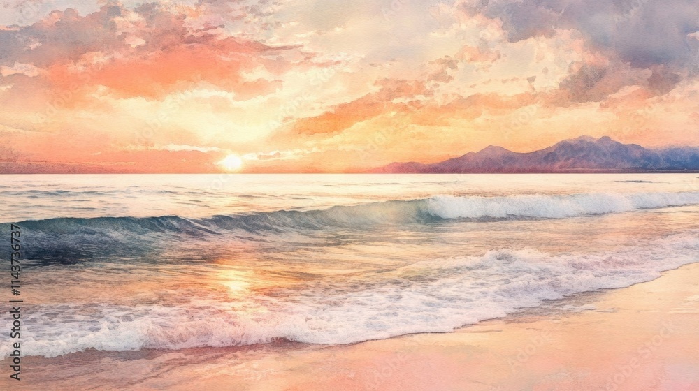 A beautiful sunset over the ocean with a mountain in the background. The sky is filled with clouds, and the water is calm. The scene is serene and peaceful, and it evokes a sense of calmness