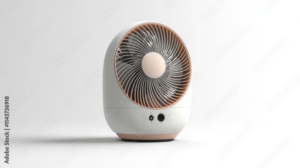 60.Clean and detailed vector drawing of an electric fan with a cylindrical base, three-blade propeller, and protective grill; the fan has a modern design, with rounded edges and a soft color palette 60.Clean and detailed vector drawing of an electric fan with a cylindrical base, three-blade propeller, and protective grill; the fan has a modern design, with rounded edges and a soft color palette
