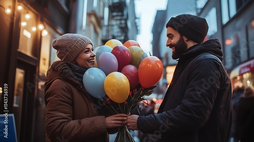 Couple enjoys a joyful moment in the city as he surprises her with flowers and balloons. photo