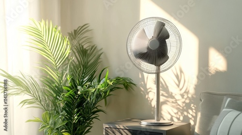 24.Modern electric fan placed on a sleek shelving unit beside a vibrant houseplant in a well-decorated home; the interior features light, neutral tones, soft lighting, and a balanced mix of