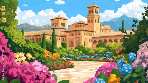 A beautiful garden with a large building in the background. The building has a lot of arches and is surrounded by flowers. The garden is full of different types of flowers, including pink