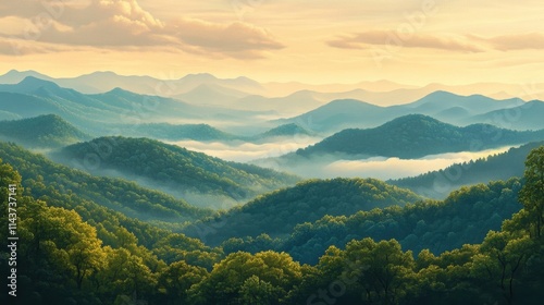 The mountains are covered in lush green trees, and the sky is overcast with clouds. The scene is serene and peaceful, with the mountains stretching out as far as the eye can see photo