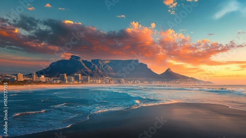 A beautifuA stunning sunset over the ocean, with a mountain in the background and a sky full of clouds. The sky is filled with clouds and the water is calm