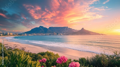 A beautiful sunset over the ocean with a mountain in the background. The sky is filled with pink and orange hues, creating a serene and peaceful atmosphere. The beach is lined with lush greenery