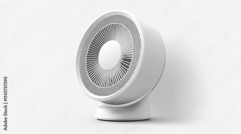 57.Minimalist electric fan vector with a rounded body and three-blade design; the fan has a sleek, modern look and is isolated on a white background, featuring smooth lines and a protective mesh