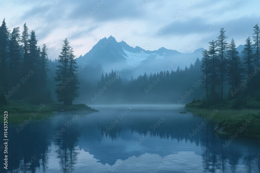 Majestic mountain landscape serene alpine lake evergreen forest reflective water surface Majestic mountain landscape serene alpine lake evergreen forest reflective water surface