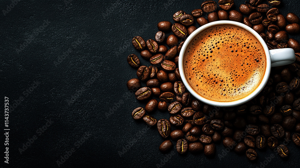 Coffee background, top view with copy space. White cup of coffee and, ground coffee, coffee beans on dark wooden background Coffee background, top view with copy space. White cup of coffee and, ground coffee, coffee beans on dark wooden background