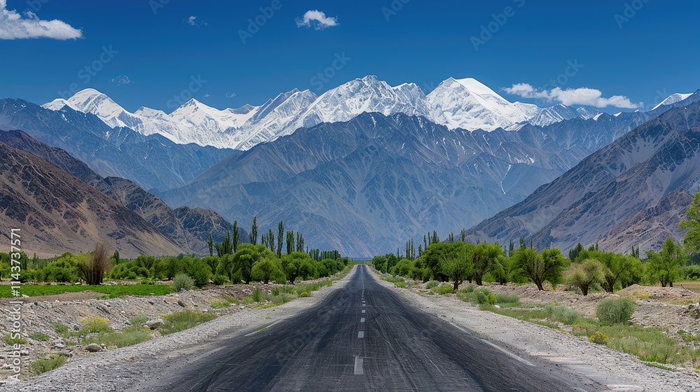 Naklejka premium Leading to beautiful snow mountains 2025