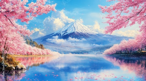 A stunning mountain range with a lake in the foreground, surrounded by trees, and the snow-capped peaks towering in the background. The sky is blue and the sun is shining. The scene is peaceful