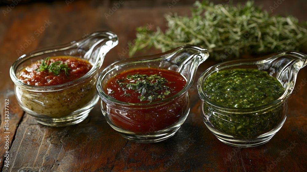 Savoring a variety of sauces in small glass bowls on a rustic wooden table Savoring a variety of sauces in small glass bowls on a rustic wooden table