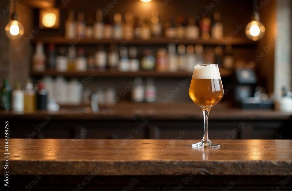 Mockup of empty bar countertop with glass of beer on the blurred background of shelves filled with alcohol bottles Mockup of empty bar countertop with glass of beer on the blurred background of shelves filled with alcohol bottles